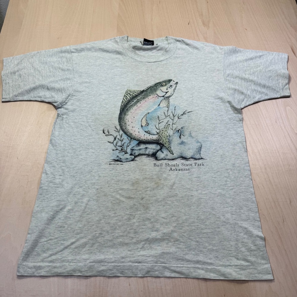 Vintage 1993 Bull Shoals State Park Arkansas Fish T Shirt Gray Screen Stars L‎